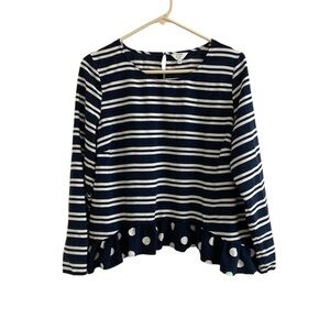 Crown & Ivy Blouse Polka Dot Stripe Ruffle Bottom Navy White Size PXL Babydoll
